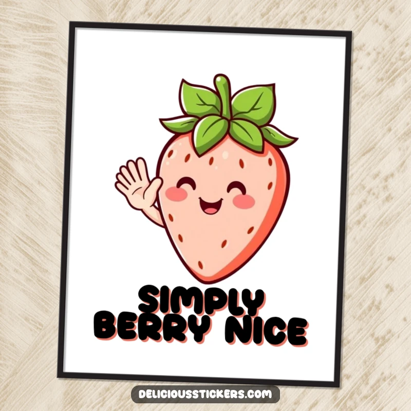 Funny poster showcasing a vibrant strawberry character with leafy hair, waving a happy and humorous greeting.