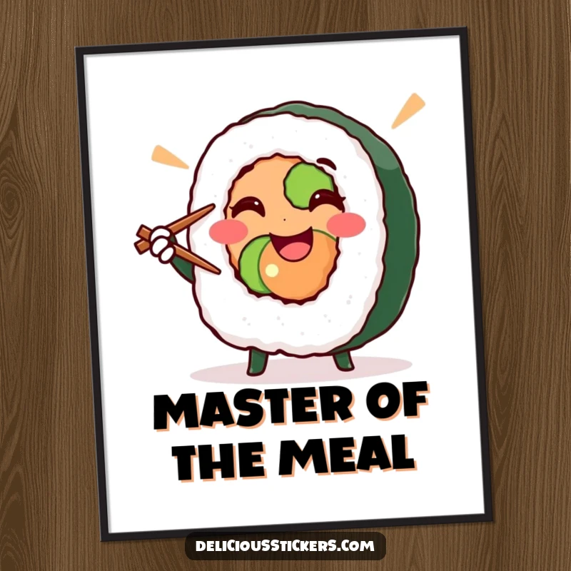 Funny sushi roll character in a victory pose with chopsticks, this poster adds whimsical food humor, a great funny gift.