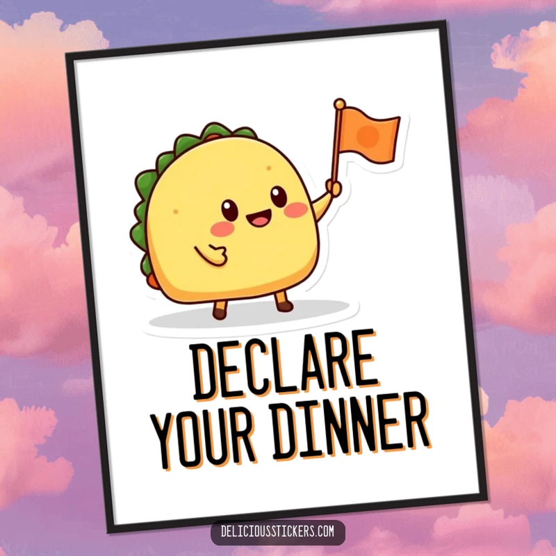 Funny poster print of a smiling taco character waving a small flag, perfect for adding a festive touch to decor.