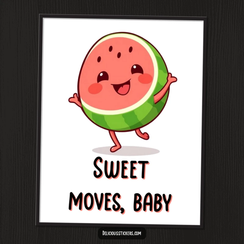 Funny grinning watermelon slice poster, the fruit dances with a wide smile, bringing a burst of energy and cheer to walls.
