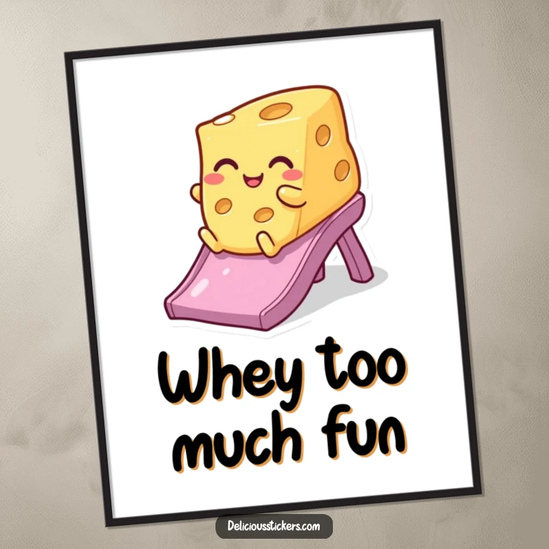 Funny winking cheese poster, depicted mid-slide with a playful wink, bringing a sense of thrilling dairy fun to any room.