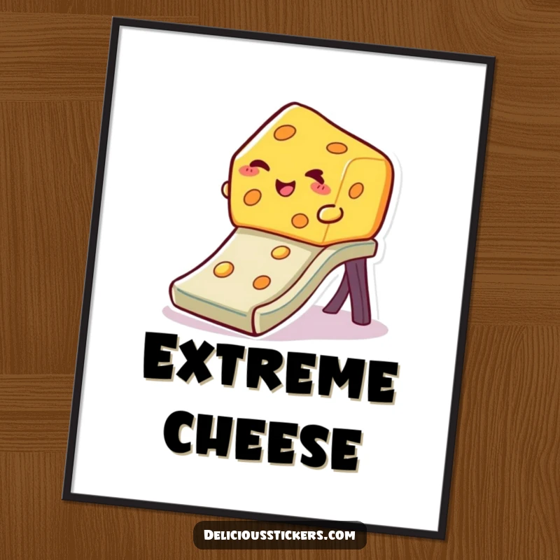 Funny winking cheese poster, a slice of cheese slides down a colorful slide with a wink, creating a fun piece of art.