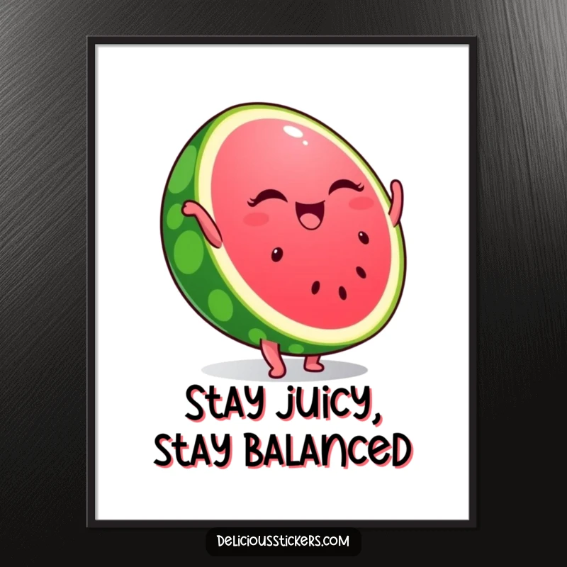Funny poster of a winking watermelon slice performing a perfect handstand, bringing a lively and refreshing summer vibe to any decor.