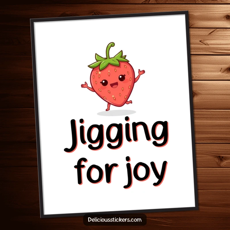 Funny strawberry joy poster showing a delighted strawberry doing a happy little jig with its leaves, symbolizing celebration.
