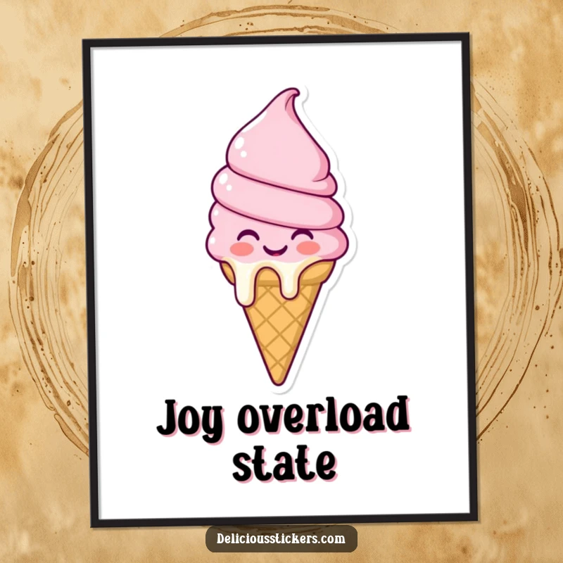 Funny melting ice cream cone poster character depicted in a state of joyful, delightful melting, adding a splash of happiness.