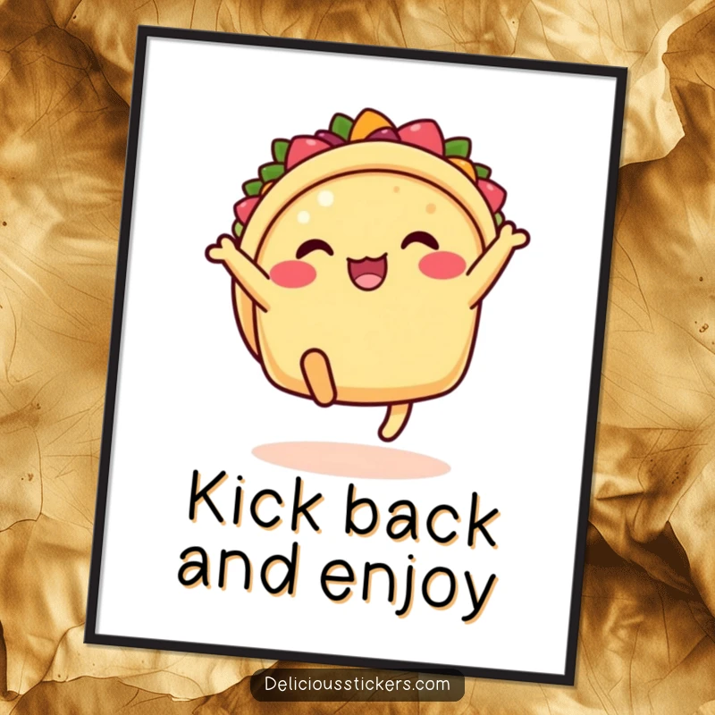 Funny taco poster with legs kicking in the air, cartoon art celebrating fiesta, a humorous and energetic wall decor.