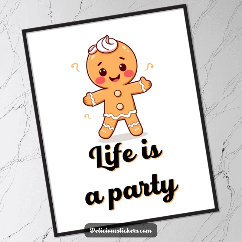 Funny gingerbread man doing a happy jig with frosting swirls, this poster adds whimsical holiday humor, a great funny gift.