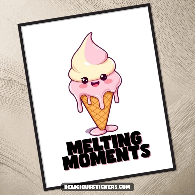 Funny poster print of a happy ice cream cone character with melting drips forming amusing shapes, adding whimsical decor.