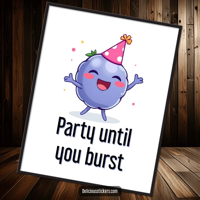Funny poster print of a laughing blueberry wearing a party hat and dancing, creating a scene of pure joy.