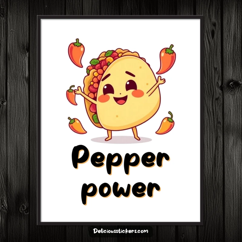 Funny Poster: A cheerful taco character with a determined expression juggles several small, spicy peppers, creating a dynamic artwork.
