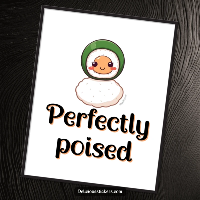 Funny poster of a smiling sushi roll character masterfully balanced on a single grain of rice, embodying culinary art.