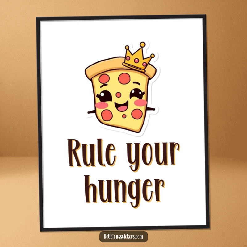 Funny Poster featuring a grinning pizza slice character adorned with a tiny crown, radiating delicious confidence and fun.
