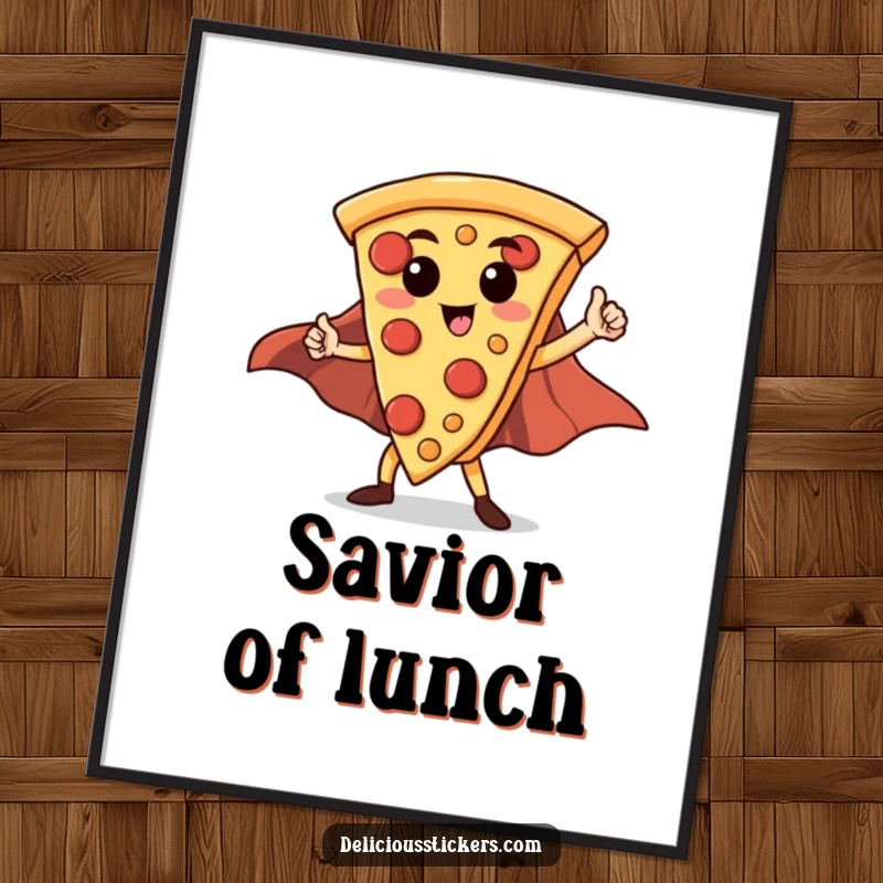 Funny Hero Pizza Slice Poster: A proud pizza slice with a cape strikes a dynamic superhero pose, ready for action.