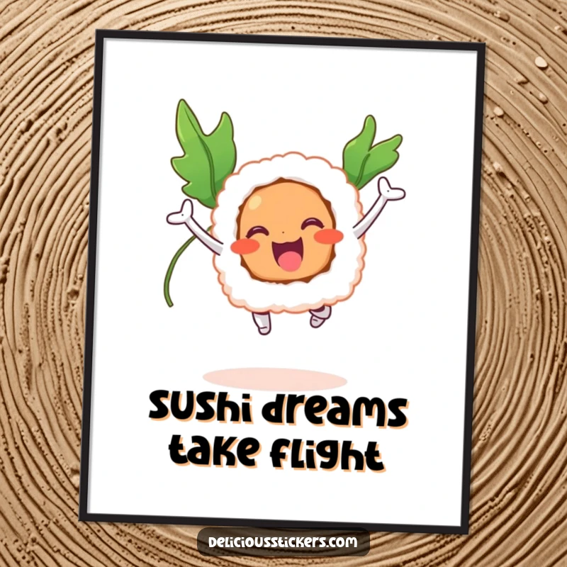 Funny poster with a smiling sushi roll executing a joyful jump, its seaweed wings spread wide.