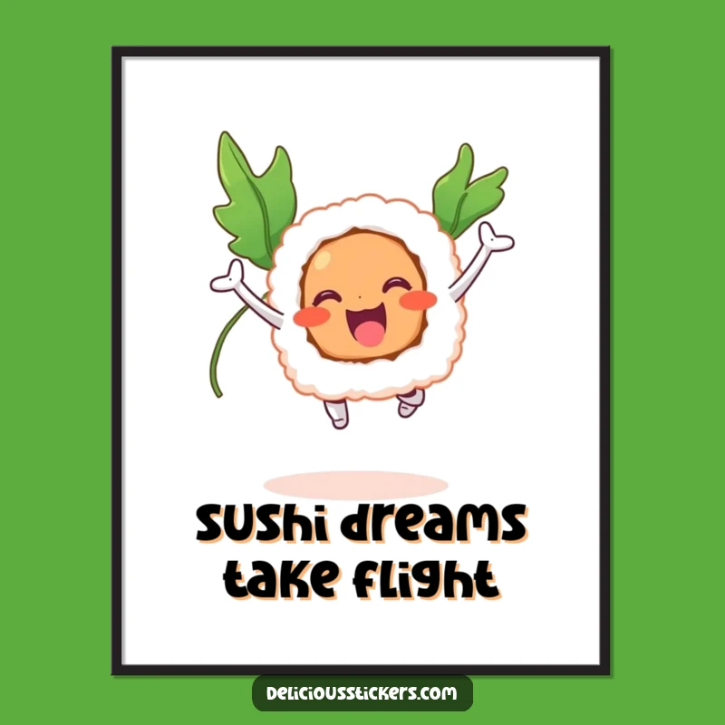 Funny Sushi Flyer Poster: Add Joyful Wall Art with This Hilarious Flying Sushi Design!