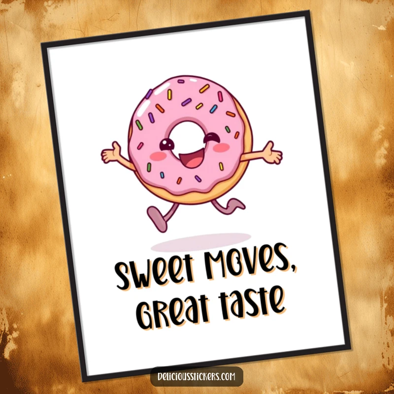 Funny donut poster depicting the happy character hopping with sprinkles, bringing a burst of sugary joy and humor to walls.