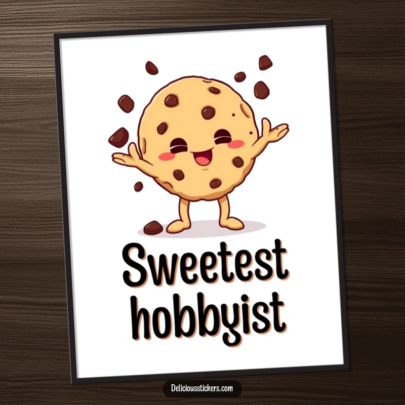 Funny mischievous cookie character juggling chocolate chips on a poster, bringing playful energy and snack-themed humor to wall decor.