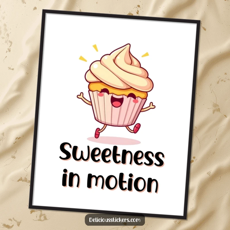 Funny Poster: A beaming cupcake character captured mid-hop, creating a joyful and sweet cartoon scene for decoration.