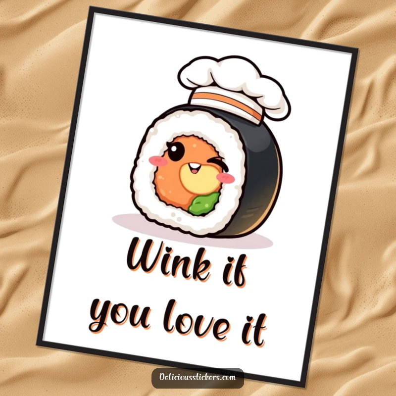 Funny sushi roll poster, winking in a chef hat, a culinary cartoon for humorous wall decor.