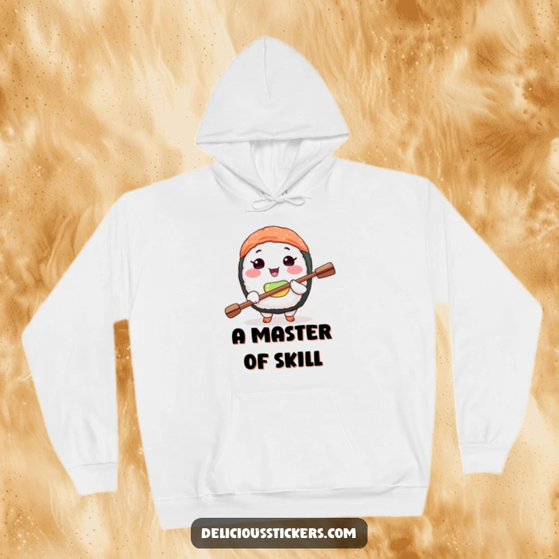Funny sushi zen hoodie showing a joyful sushi character balancing a tiny paddle on its nose, embodying calm.
