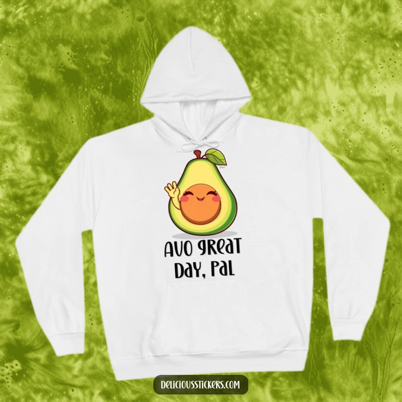 Funny avocado hoodie character winking and waving, designed for ultimate comfort and spreading healthy, humorous cheer.