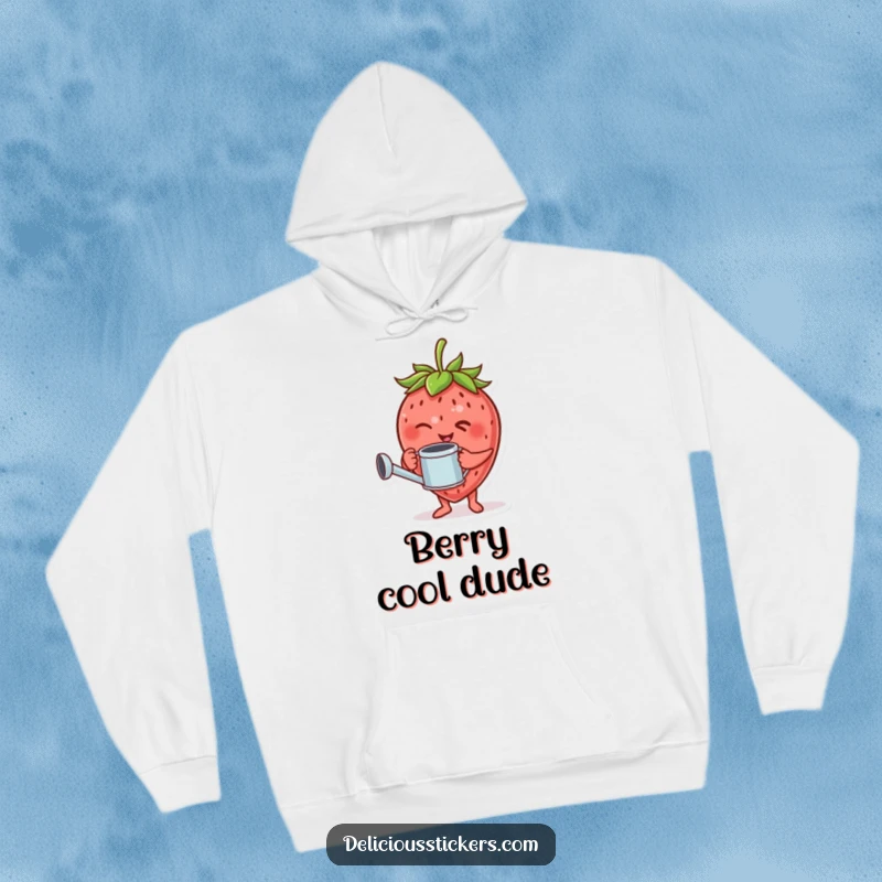 Funny hoodie depicting a giggling strawberry character holding a tiny watering can and winking playfully.