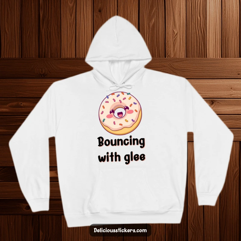 Funny Hoodie: A happy donut with colorful sprinkles bounces with excitement, offering cozy warmth and a sugary sense of humor.