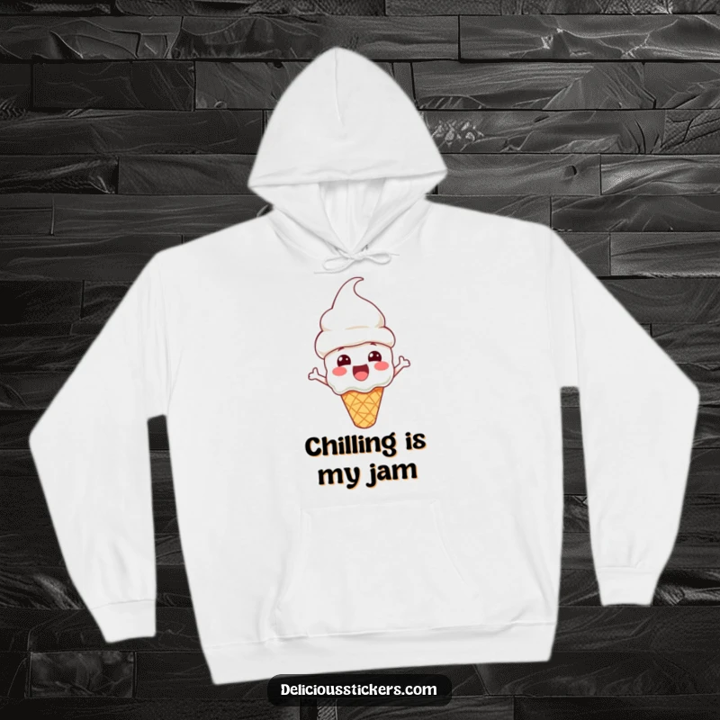 Funny Hoodie featuring an excited ice cream cone character sporting a cone hat, perfect for staying warm and stylishly cool.