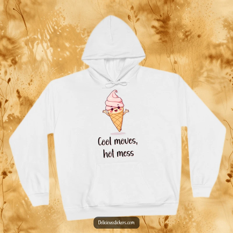 Funny ice cream cone hoodie character caught mid-dance spin, radiating warmth and playful energy, ideal for cozy laughs.
