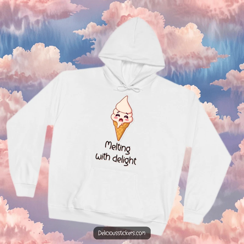 Funny shocked ice cream hoodie, an ice cream cone visibly melts with shock and excitement, offering warmth and humor.