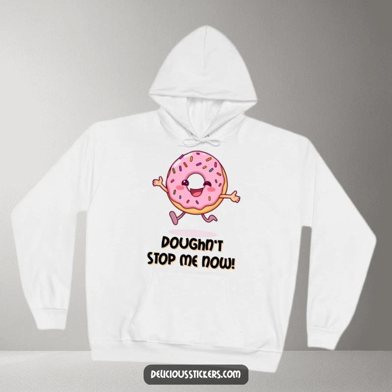 Funny donut hoodie character happily hopping, designed for cozy comfort and spreading cheerful, humorous vibes.