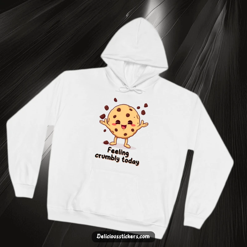 Funny mischievous cookie character juggling chocolate chips on a hoodie, offering cozy comfort and playful, snack-themed humor.