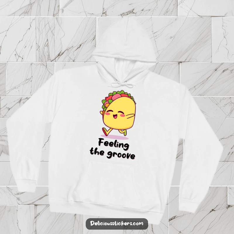 Funny hoodie featuring a happy taco character doing a funny sideways skip with eyes closed, embodying pure, edible delight.