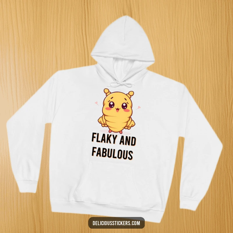 Funny surprised croissant with wavy ends, printed on a warm hoodie, a delightful and humorous piece of apparel.