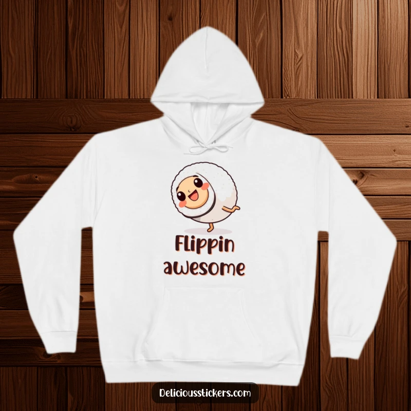 Funny Hoodie: A smiling sushi roll with legs performs a lively cartwheel, offering cozy warmth and a humorous vibe.