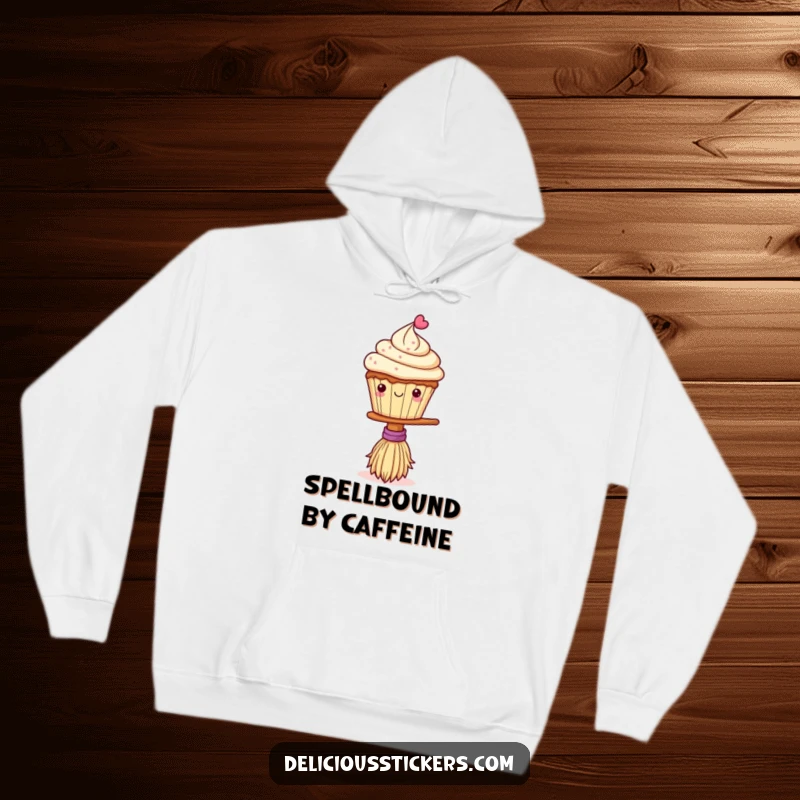 Funny hoodie featuring a playful cupcake balancing on a tiny broom, perfect for cozying up with a magical, humorous vibe.