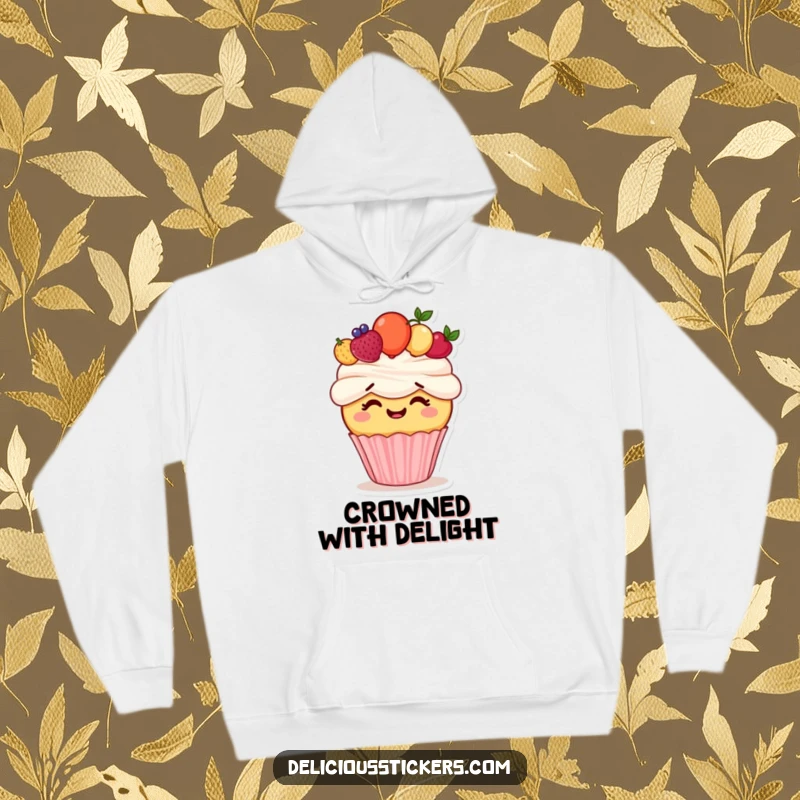 Funny hoodie displaying a giggling cupcake character struggling to wear a colorful fruit crown, a humorous and comforting design.