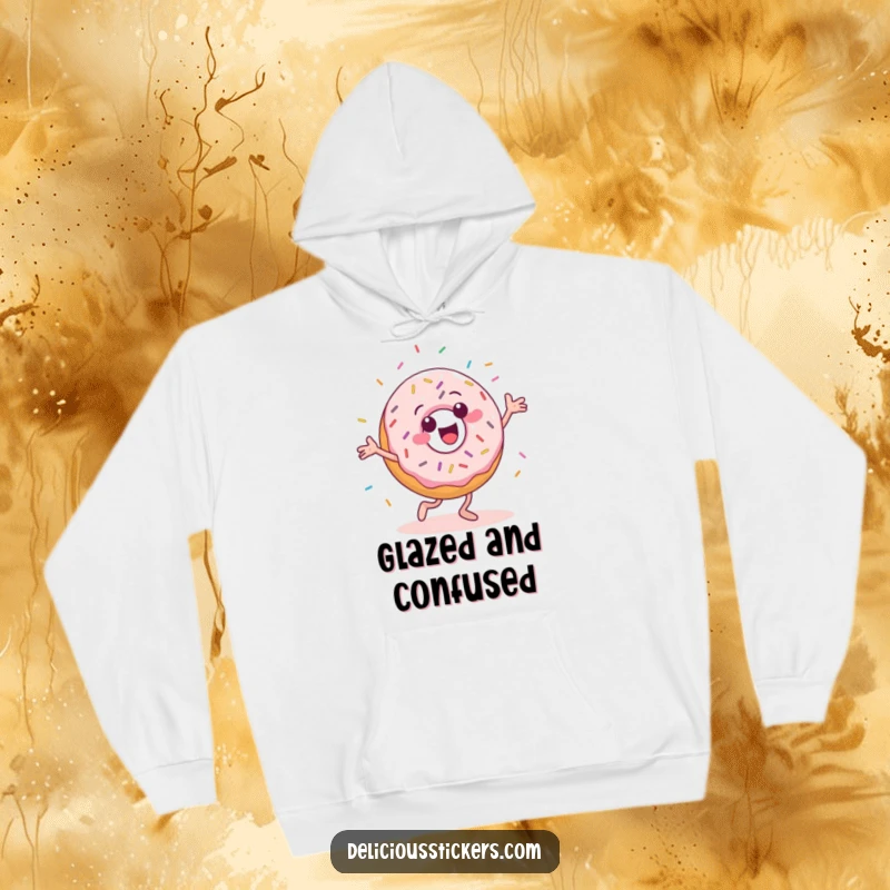 Funny hoodie depicting a cheerful donut character in a silly dance pose with sprinkles flying.