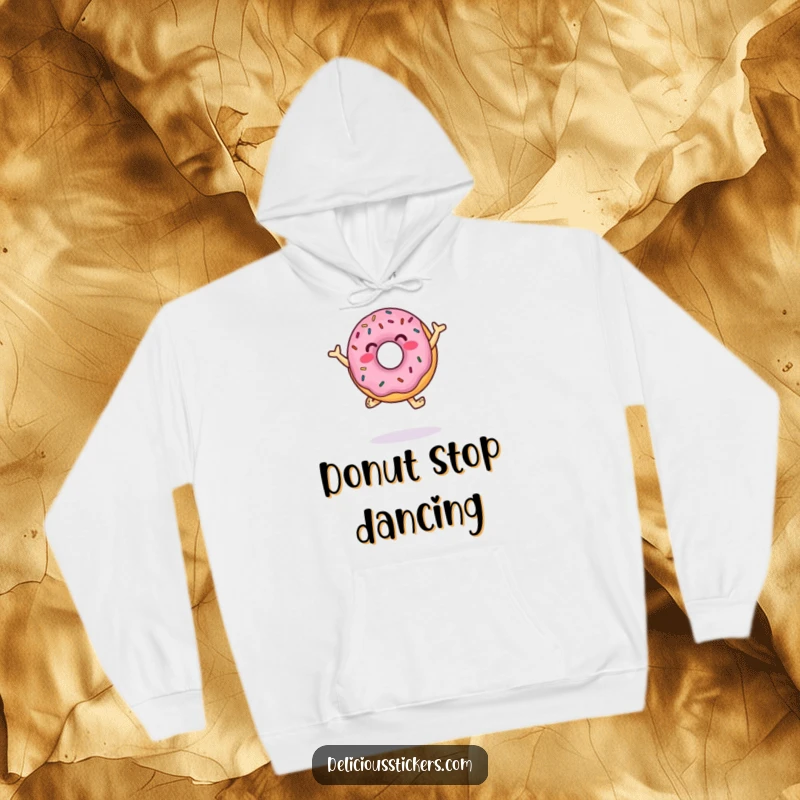 Funny Hoodie with a jumping donut character adorned with colorful sprinkles, caught in a fun dance move, perfect for cozy enjoyment.