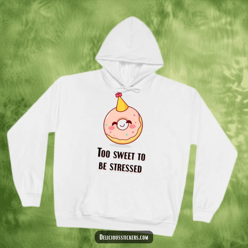 Funny hoodie featuring a jubilant doughnut character adorned with a party hat, exuding infectious giggles and festive cheer.