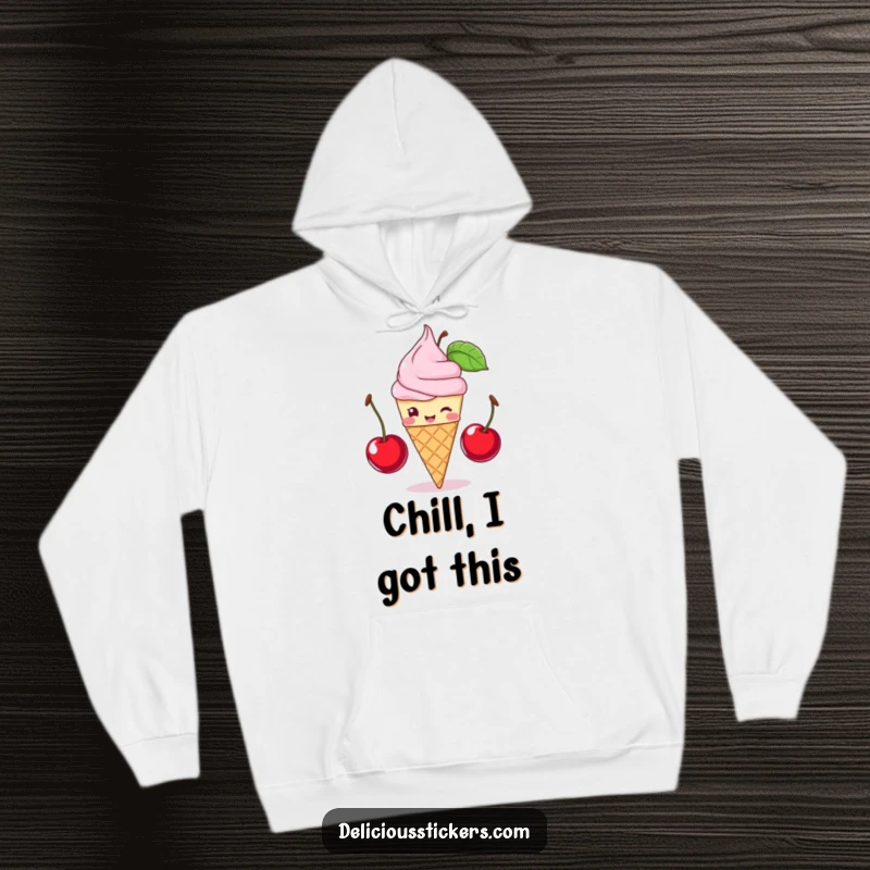 Funny ice cream cone winking and balancing cherries, this cozy hoodie brings sweet humor and comfort, a great funny gift.