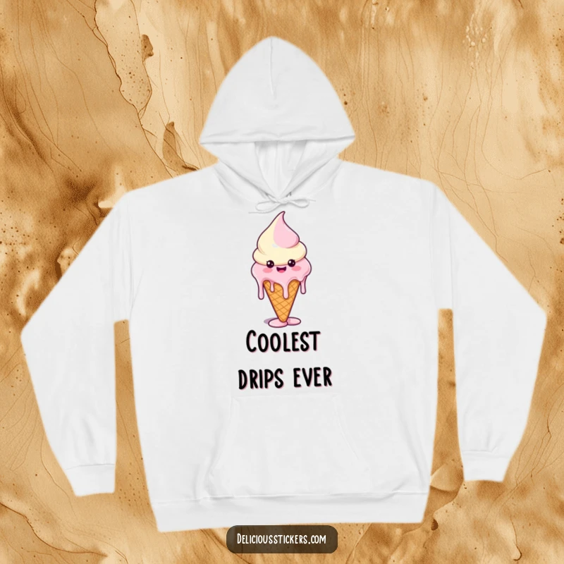 Funny hoodie depicting a happy ice cream cone with melting drips forming amusing shapes, perfect for cozying up.