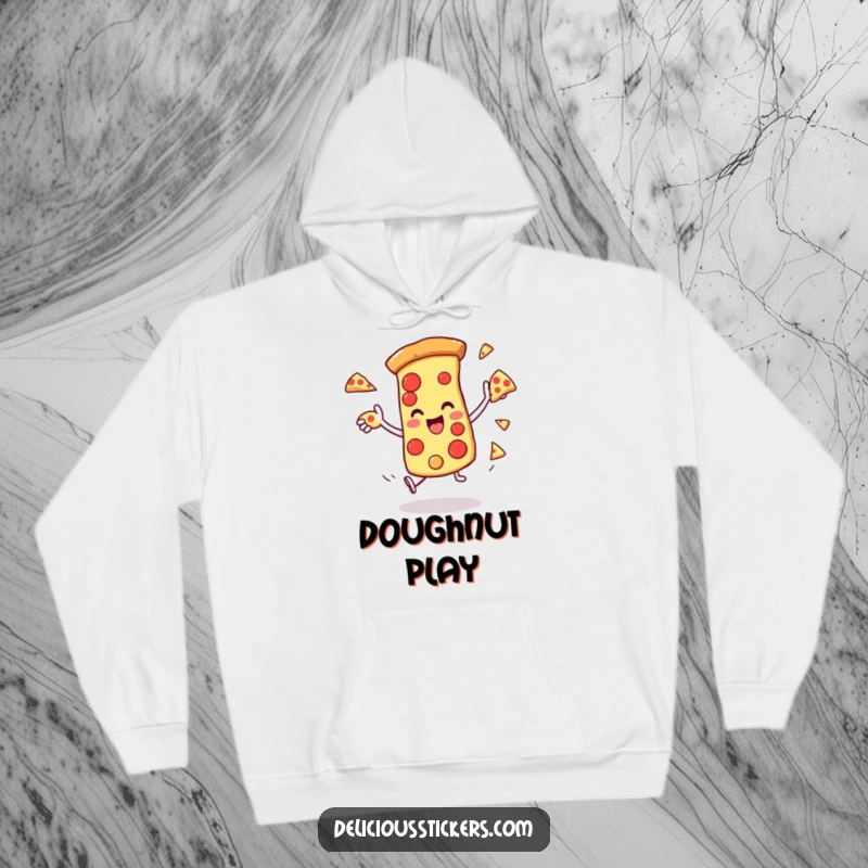 Funny hoodie depicting a pizza slice character skillfully juggling smaller pizza slices, perfect for casual wear.