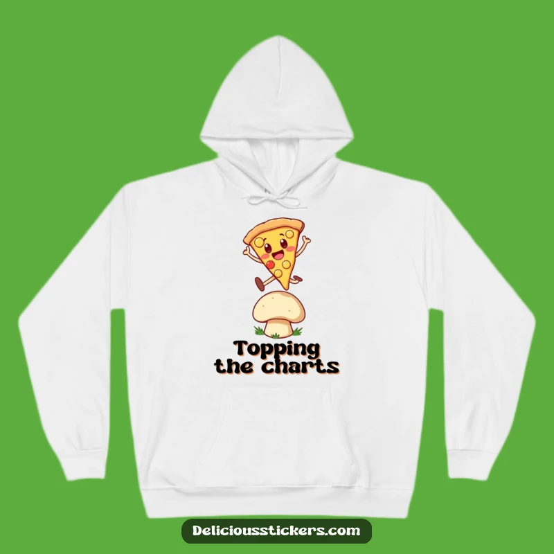 Funny Pizza Leap Hoodie: Cheerful Slice Jumps Over Mushroom, Cozy Gift!