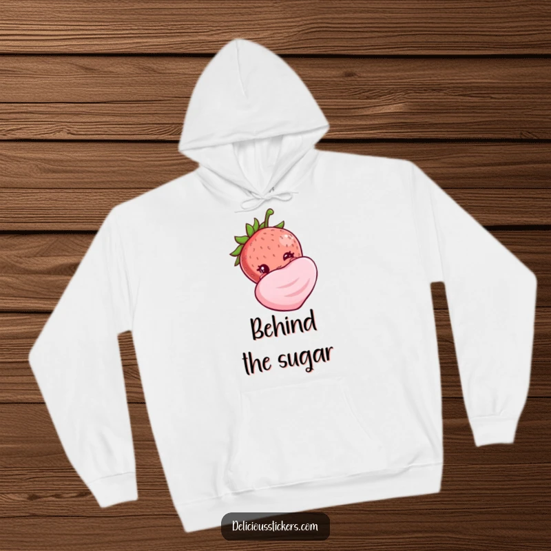 Funny shy strawberry hoodie, peeking shyly from behind a huge candy, offering comfort and a touch of cute humor.