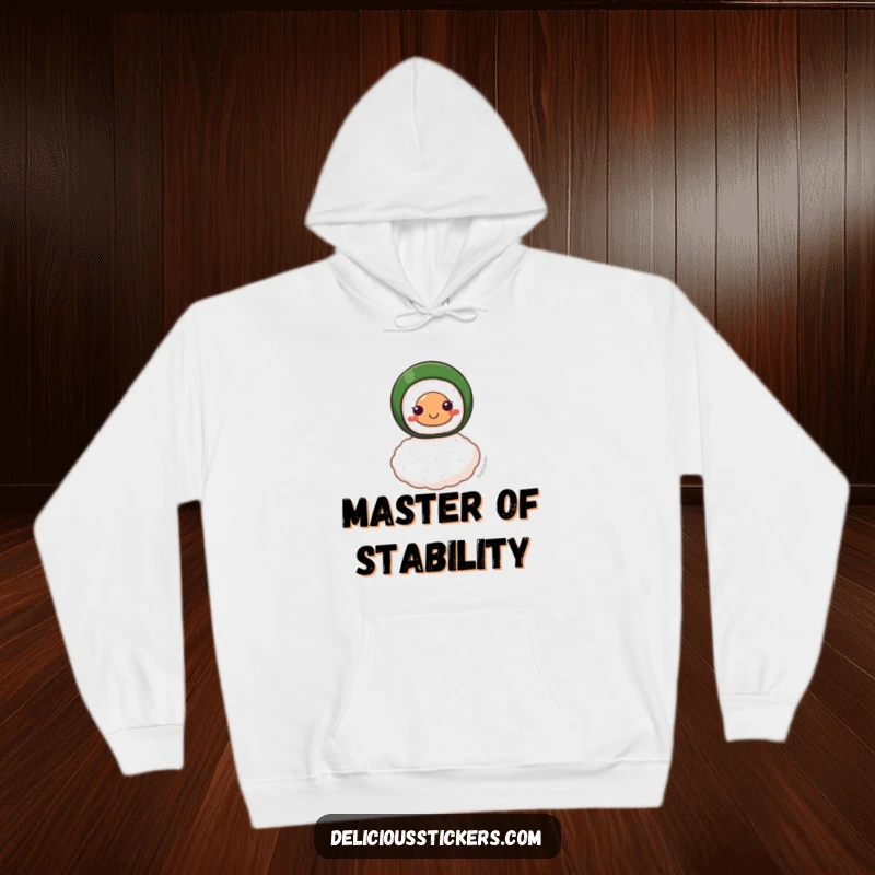 Funny hoodie featuring a smiling sushi roll character balanced precariously on a single grain of rice, designed for comfort and humor.