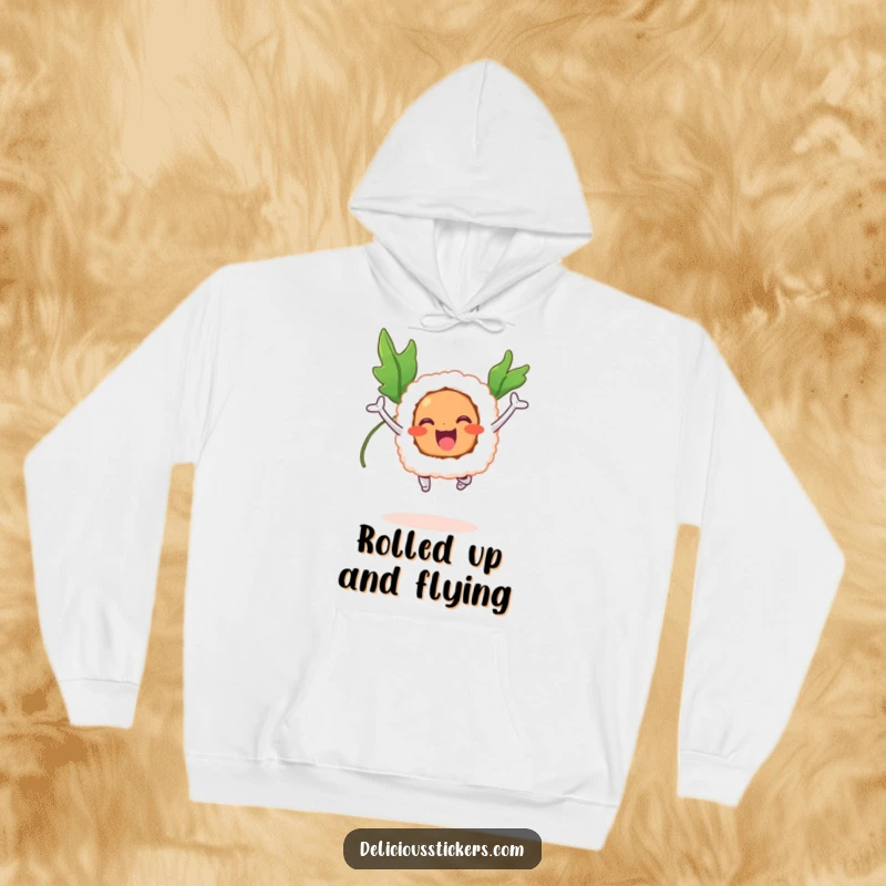 Funny hoodie depicting a smiling sushi roll mid-jump, with detailed seaweed wings.
