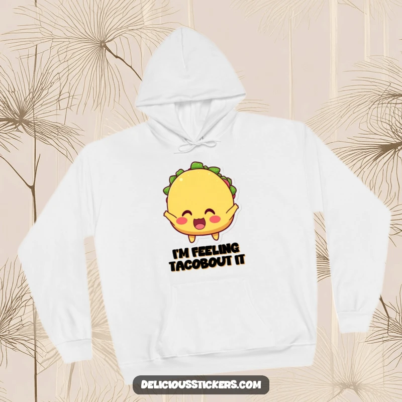 Funny hoodie featuring a happy taco character with wide eyes, cheering loudly, perfect for staying warm and festive.