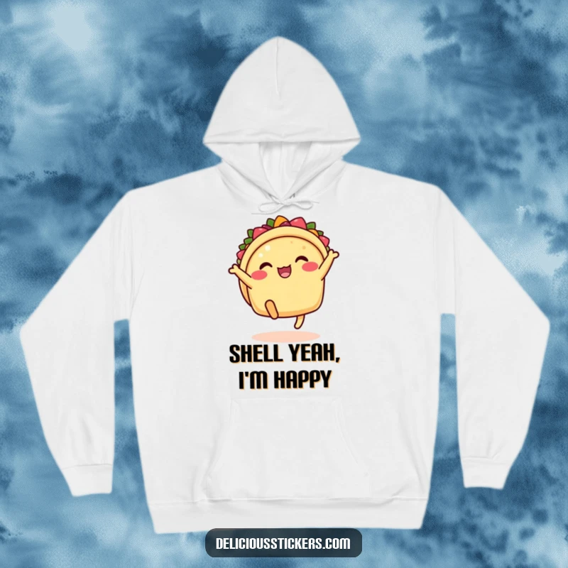 Funny taco hoodie with legs kicking in the air, a cozy cartoon character for a humorous apparel gift.