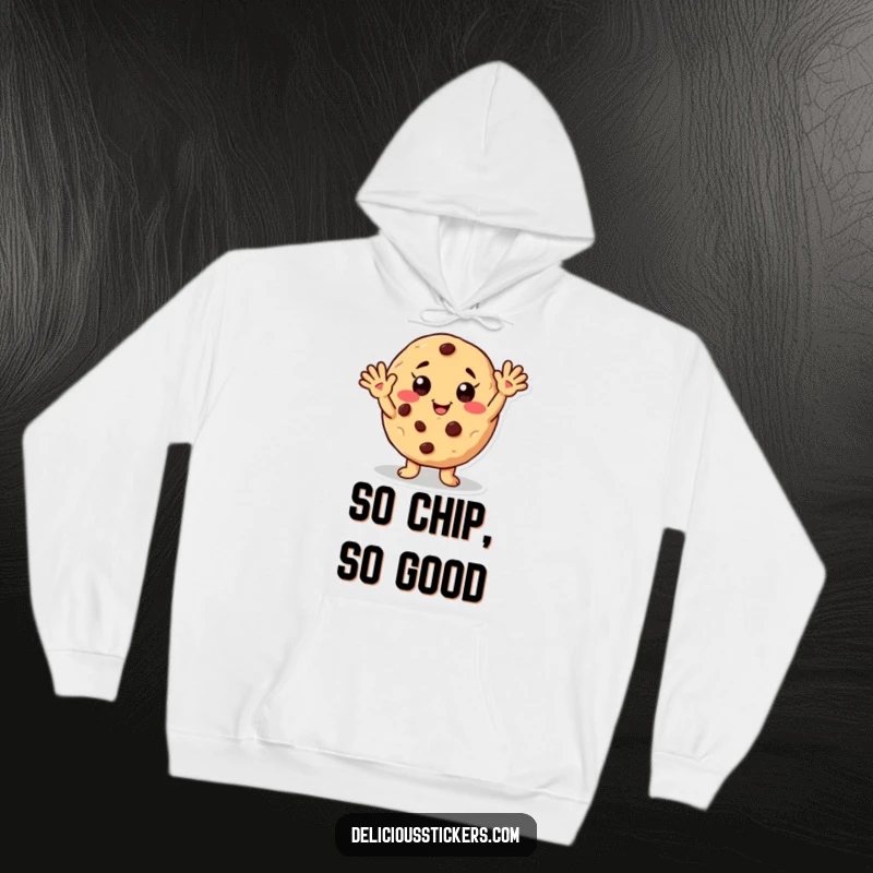 Funny hoodie displaying a friendly waving cookie character with chocolate chip freckles, a humorous and comforting design.